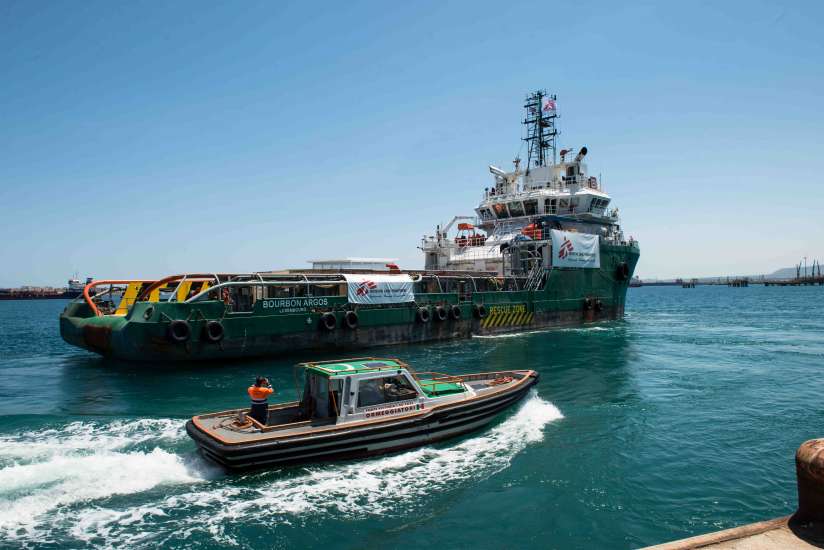 MSF145754 Gabriele FranÁois Casini The MY Bourbon Argos leaves Augusta Port in Sicily Italy on Saturday 9th of May 2015 with an MSF crew. The specially outfitted vessel is headed for the waters of the Mediterranean to provide sea rescue and medical treatment to migrants attempting the dangerous sea-crossing in over crowded and unfit crafts